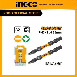 Bộ 2 mũi vít tác động 2 đầu bake 4 cạnh và dẹp INGCO SDBIM72HL665 PH2 + SL6, 65mm, thép công nghiệp S2 cứng bền có nam châm - Đồ nghề, dụng cụ cầm...