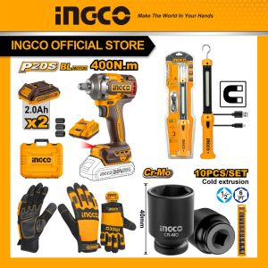 Bộ Combo INGCO BTCB202401 - Máy siết bu lông pin 20V CIWLI2040 + Đèn làm việc HWLI35261 + Găng tay cơ khí HGMG02-XL + Bộ 10 đầu tuýp thép...