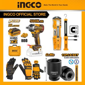 Bộ Combo INGCO BTCB202402 - Máy siết bu lông pin 20V CIWLI2050 + Đèn làm việc HWLI35261 + Găng tay cơ khí HGMG02-XL + Bộ 10 đầu tuýp thép...