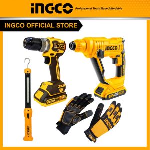 Bộ Combo INGCO BTCB202406 - Máy khoan pin 20V CIDLI20602 + Máy khoan bê tông pin 20V CRHLI1601 + Đèn làm việc HWLI35261 + Găng tay cơ khí HGMG02-XL...