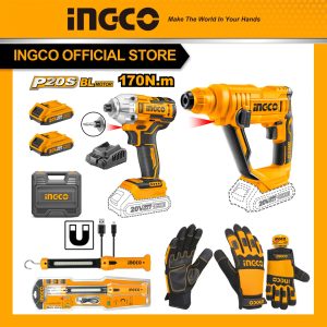 Bộ Combo INGCO BTCB202408 - Máy siết vít pin 20V CIRLI2017 + Máy khoan bê tông pin 20V CRHLI1601 + Đèn làm việc HWLI35261 + Găng tay cơ khí...