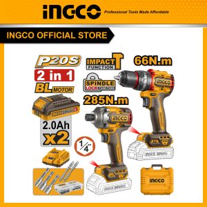Bộ combo INGCO CKLI20277 máy máy siết vít pin CIRLI20281 285Nm và máy khoan pin CIDLI206681 66Nm ba chức năng có búa 20V, motor không chổi than -...
