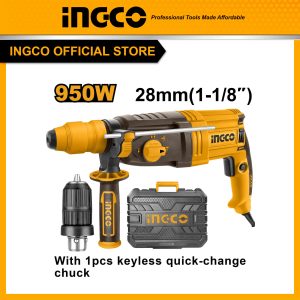 Máy khoan bê tông 950W INGCO RGH9528-2 kèm đầu chuyển đổi mũi khoan kẹp (khoan gỗ, tường, kim loại), lực tác động 2,5J hệ thống mâm cặp SDS plus -...
