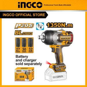 Thân máy siết bu lông INGCO CIWLI201351 dùng pin 20V motor không chổi than, lực siết 1350Nm, trục 3/4" , đầu tuýp 27, 30, 32mm (chưa kèm pin sạc) -...